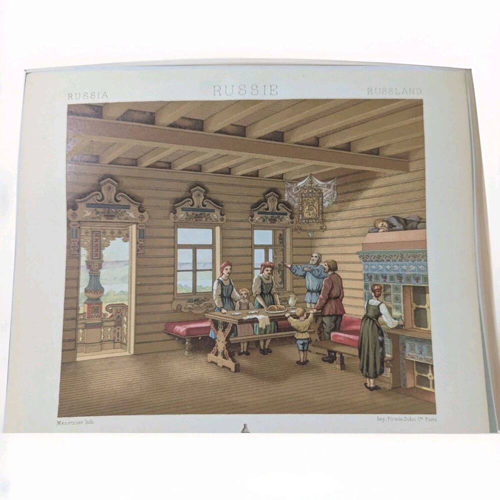 1888 French Antique Print Russian Home Scene Albert Racinet Chromolithograph